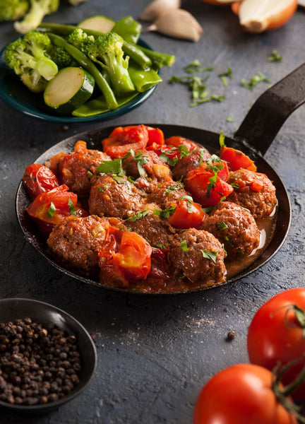 Angus Beef Balls with Rich Tomato Sauce and Vegetables