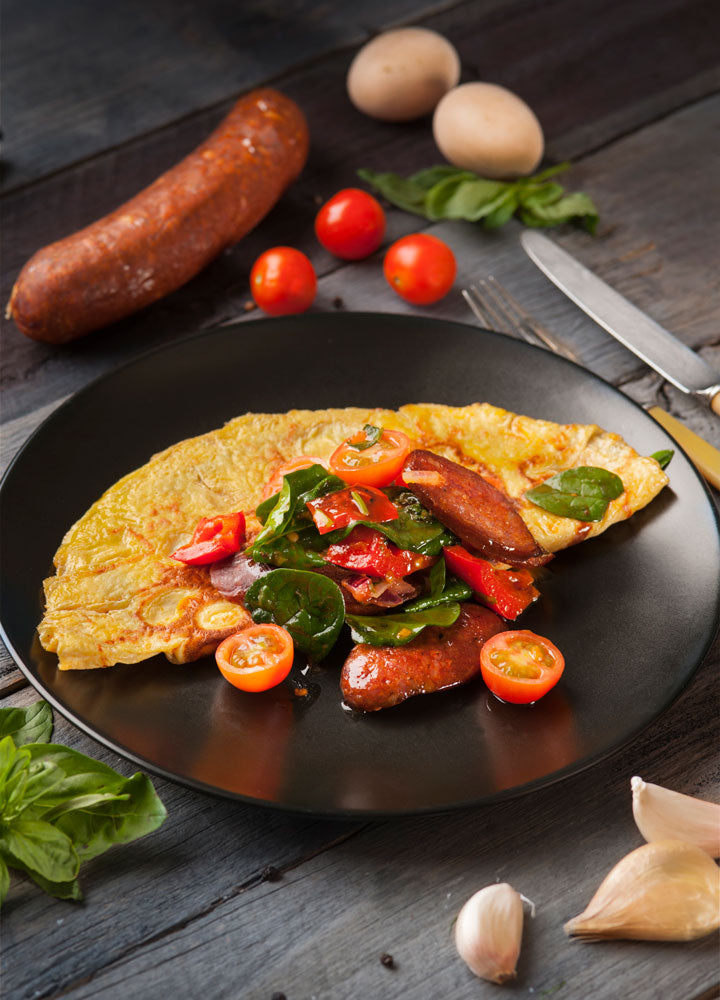 Omelette with Chorizo, Tomato & Baby Spinach