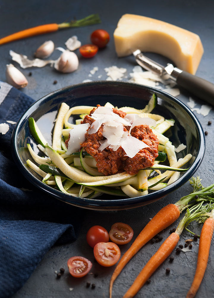 Slow Cooked Beef Bolognaise with Zucchini Ribbon Pasta